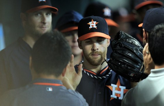 Collin McHugh congratulated by his Houston teammates Photo credit: Mayra Beltran/Houston Chronicle