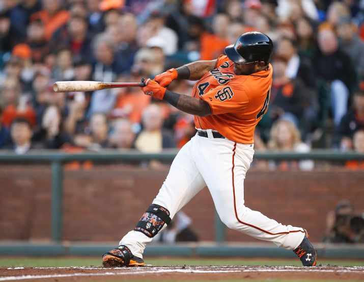 San Francisco Giants' Pablo Sandoval hits a three-run home run off Minnesota Twins starting pitcher Kyle Gibson in the first inning of a baseball game Friday, May 23, 2014, in San Francisco. (AP Photo/Tony Avelar)