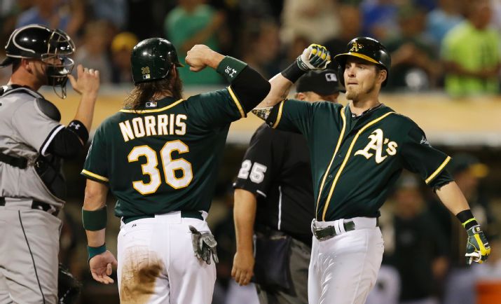 Oakland Athletics' Josh Reddick, right, is congratulated by Derek Norris (36) after Reddick hit a two -un home run off Chicago White Sox pitcher Scott Carroll in the fifth inning of a baseball game Tuesday, May 13, 2014, in Oakland, Calif. (AP Photo)