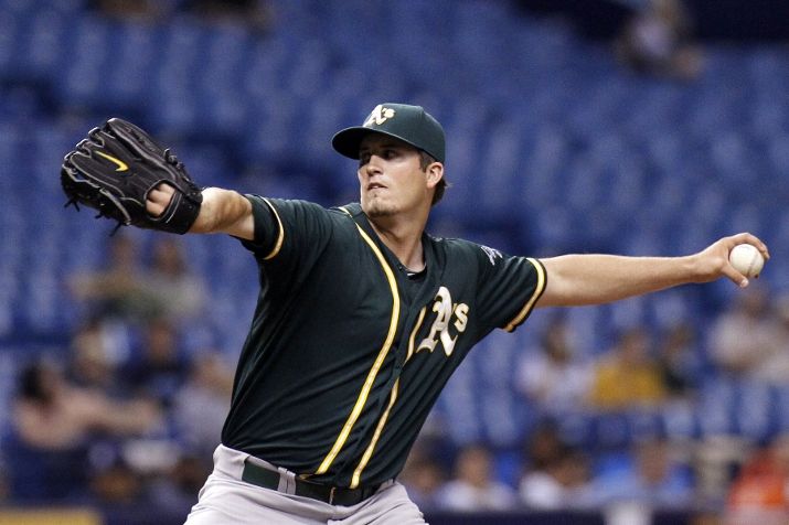 ST. PETERSBURG, FL - MAY 20: Drew Pomeranz #13 of the Oakland Athletics pitches during the second inning of a game on May 20, 2014 at Tropicana Field in St. Petersburg, Florida. (Photo by Brian Blanco/Getty Images)