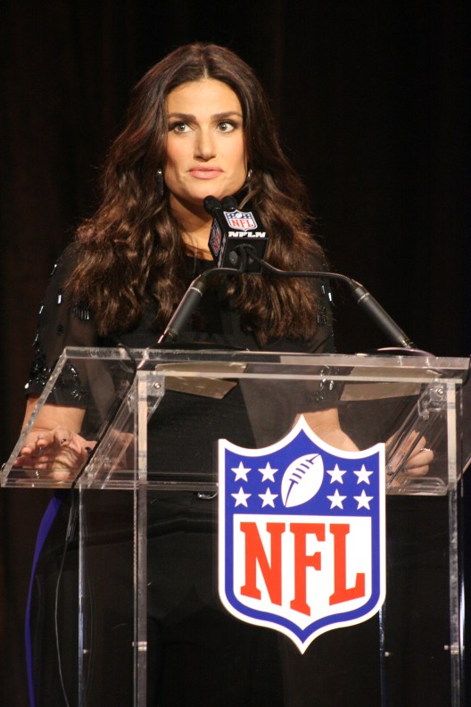 Idina Menzel at the Super Bowl Pre-Game Press Conference in Phoenix, AZ (photo by Shawn McCullough, Sports Radio Service)