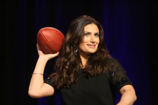 Idina Menzel at the Super Bowl Pre-Game Press Conference in Phoenix, AZ (photo by Shawn McCullough, Sports Radio Service)