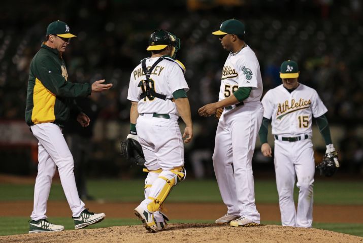 Oakland Athletics coach Bob Melvin, left, removes pitcher Fernando Abad (56) during the seventh inning of a baseball game against the Chicago White Sox on Friday, May 15, 2015, in Oakland, Calif. Second from left is A's catcher Josh Phegley, Brett Lawrie at right. (AP Photo/Ben Margot)