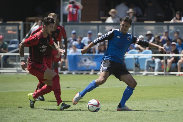 Aug 2, 2015; San Jose, CA, USA; San Jose Earthquakes forward Chris Wondolowski (8, right) kicks the ball against Portland Timbers defender Liam Ridgewell (24, left) during the first half at Avaya Stadium. Mandatory Credit: Kyle Terada-USA TODAY Sports